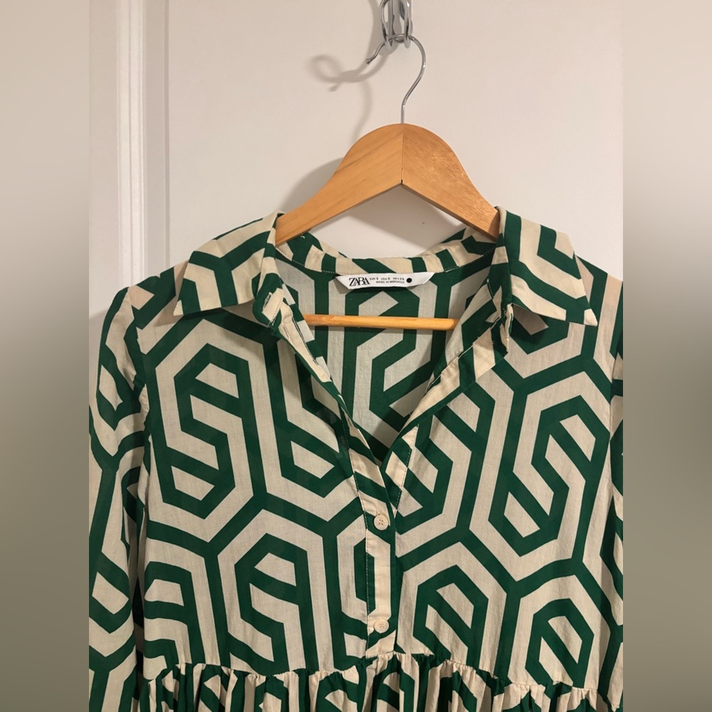 ZARA Green Geometric Print Midi Dress Bloggers Favorite Cotton Tiered Size Small - Picture 9 of 14